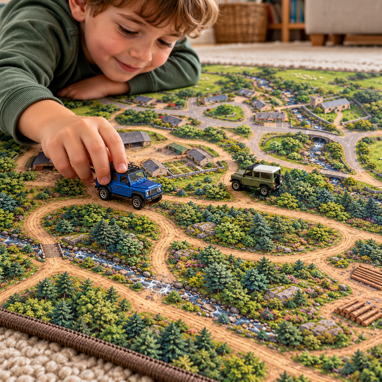 A child pushing a small toy off-road car along the printed forest track