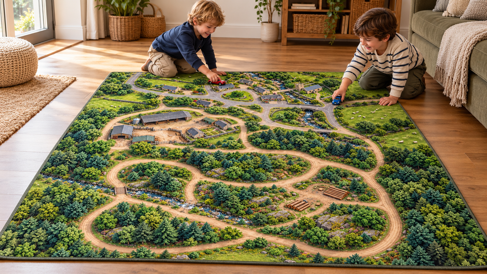 Two children playing with small toy cars on the RoverLover Welsh village and forest play rug