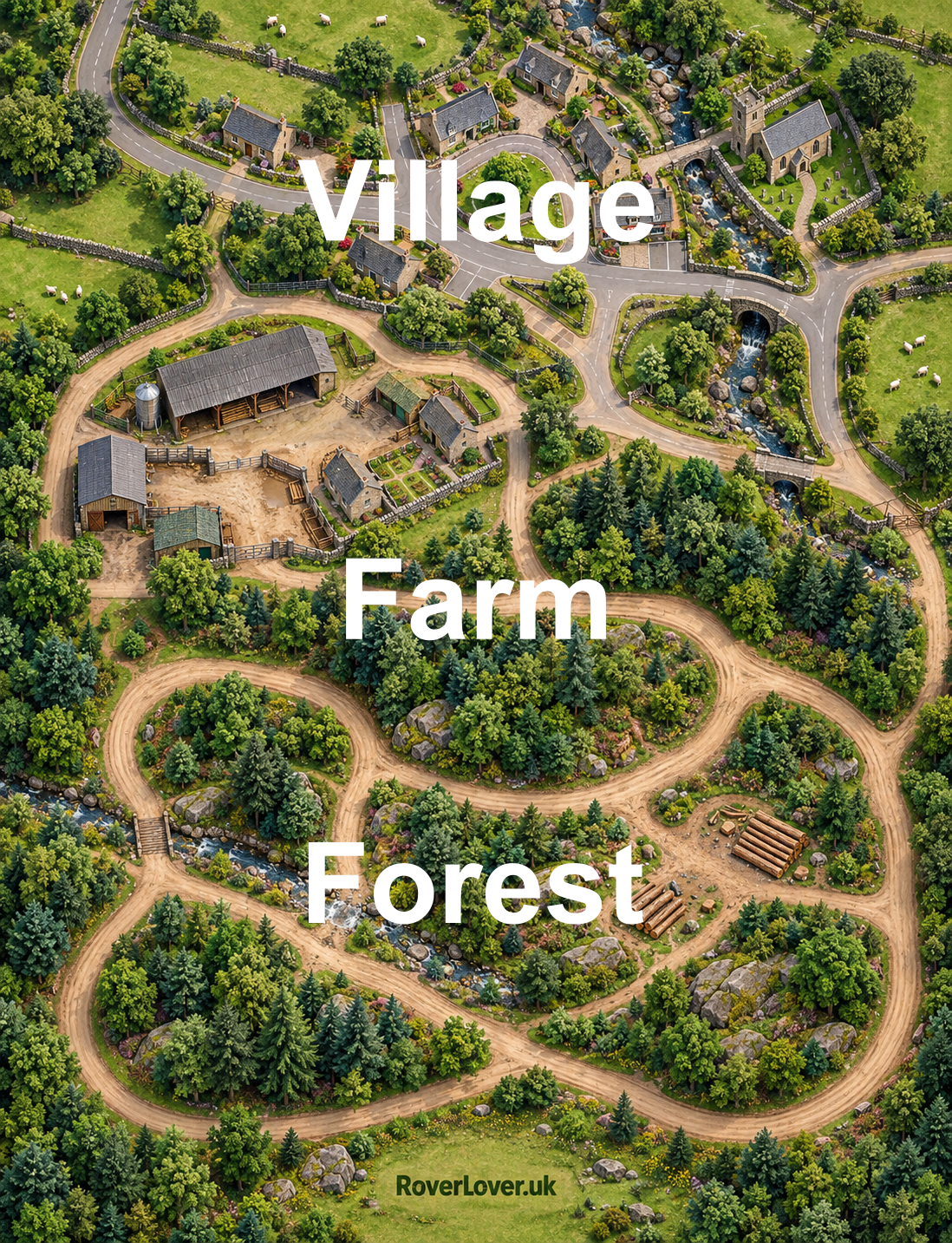 Complete overhead Welsh Village and Forest design showing paved village roads, a farm and winding woodland dirt tracks